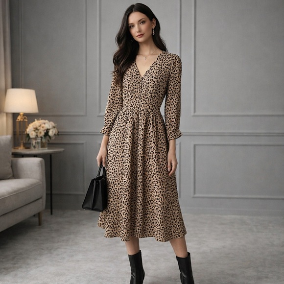 J.Crew Leopard Print Midi Dress Size 00 V-Neck Long Sleeve Quiet Luxury NWT - Picture 16 of 16